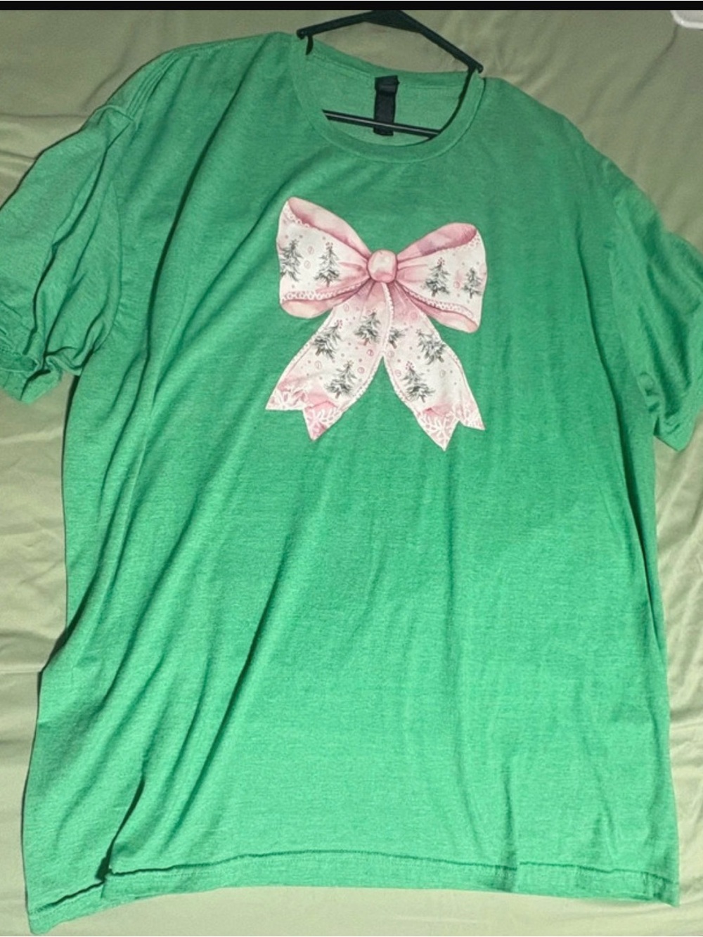 Women’s Green Tee with Pink Bow Graphic - Women’s Shirts & Tops